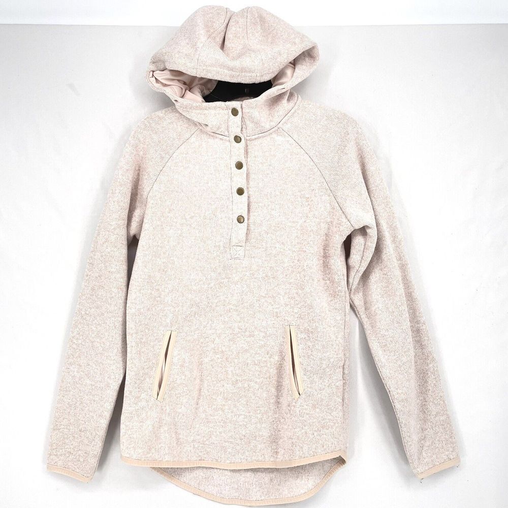 Thread + Supply 1/4 Snap Fleece Hooded Pink Cream Sz S Pockets Warm Sweater Top